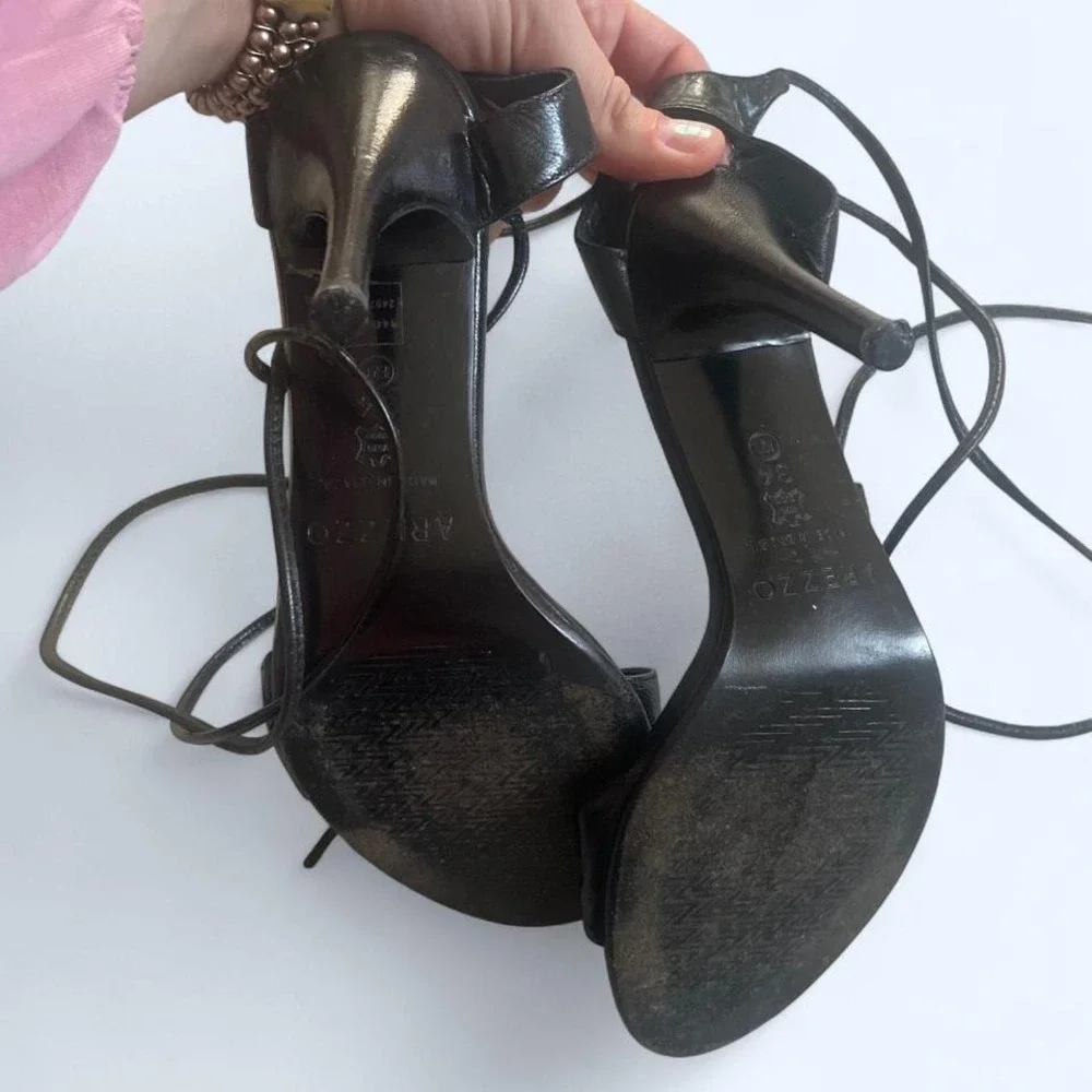 Arezzo black strappy leather Y2K heels with floral embroidered soles size 4 - Picture 4 of 7